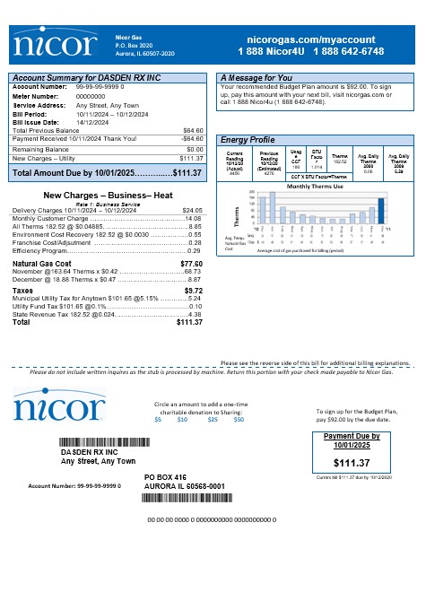 USA Illinois Nicor gas business utility bill template in Word and PDF formats